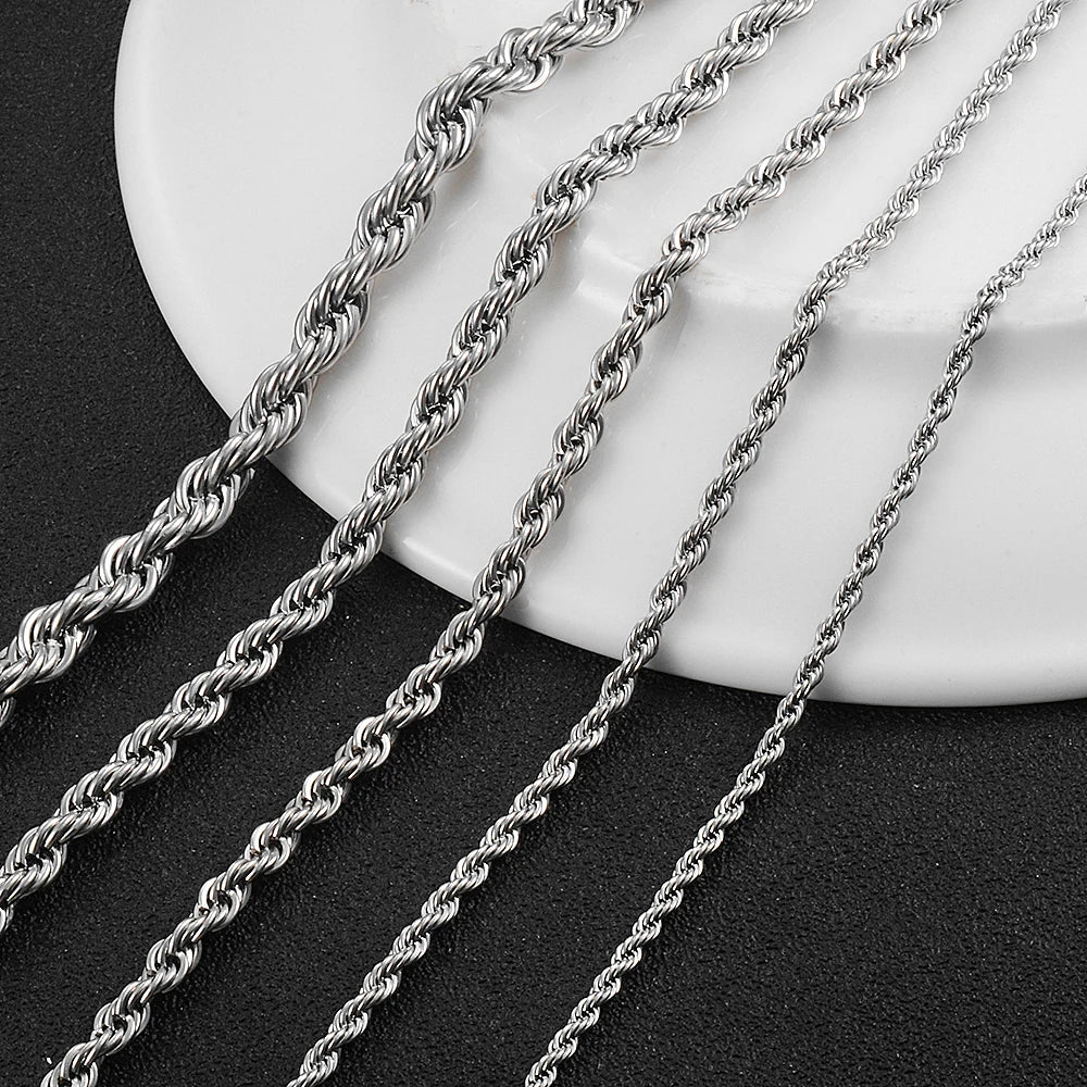 2.3mm/3mm/4mm/5mm/6mm Stainless Steel Twisted Rope Chain Silver Color Necklace for Men Women 16 to 30 Inches