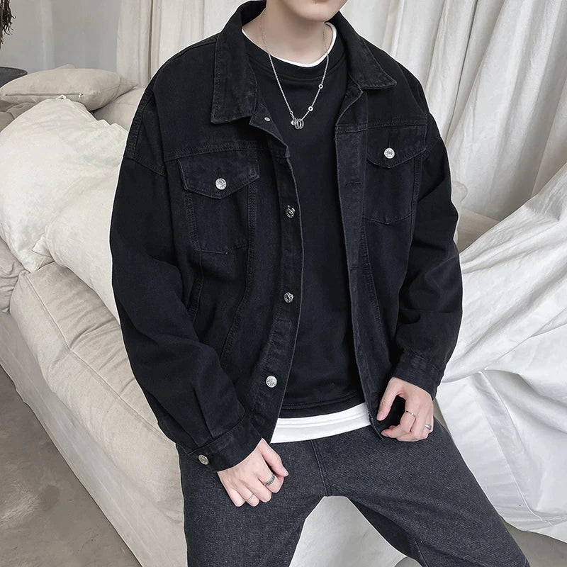 Black Denim Short Jacket Men Jeans Jacket Coats Casual Windbreaker Pockets Overalls Bomber Streetwear Man Clothing Outwear