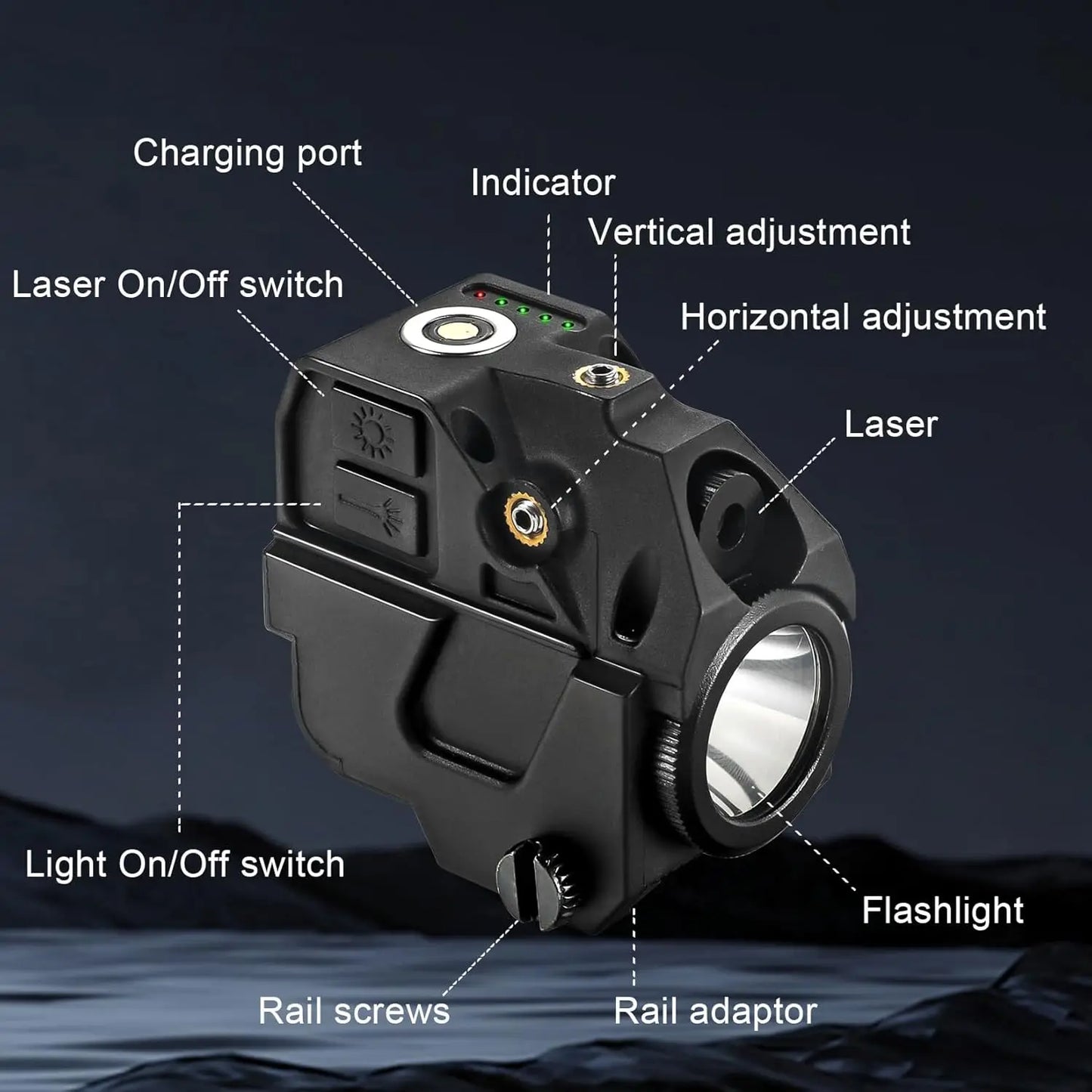 Flashlight laser sight, pistol magnetic charging green dot laser sight, compact laser combination with built-in lithium battery