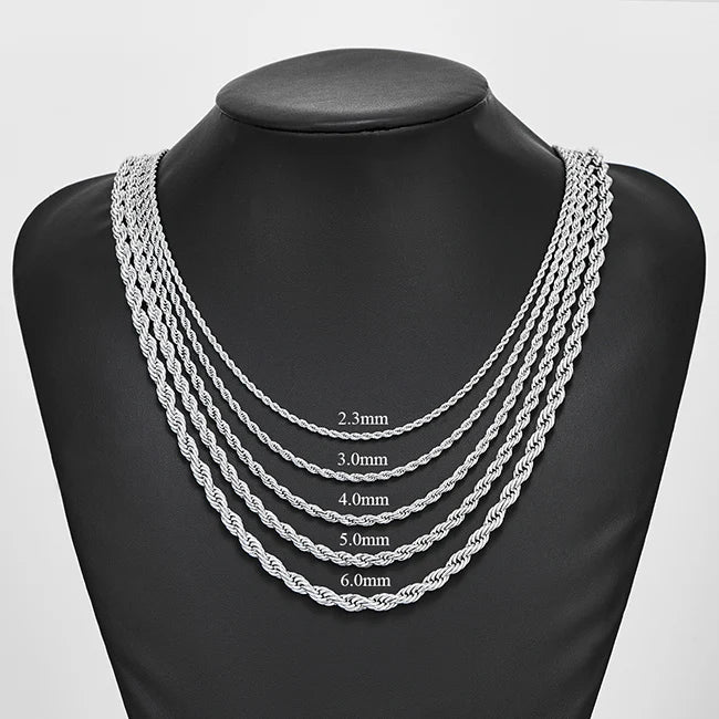 2.3mm/3mm/4mm/5mm/6mm Stainless Steel Twisted Rope Chain Silver Color Necklace for Men Women 16 to 30 Inches