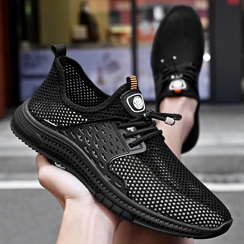 CLOHOO Summer Men's Breathable Mesh Lightweight Comfortable Drawstring Casual Shoes Outdoor Non-slip Soft Sole Sneakers Black