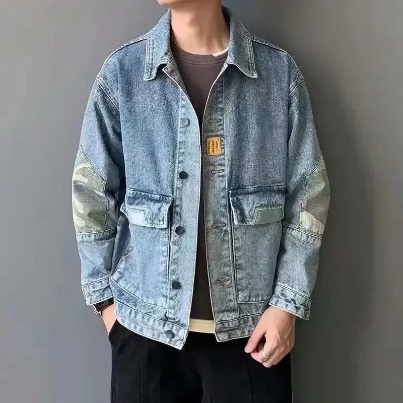 Jeans Coat for Men Cargo with Print Denim Jackets Man Beige of Fabric Winter Outerwear Cheap Price Stylish Oversize Y2k Branded