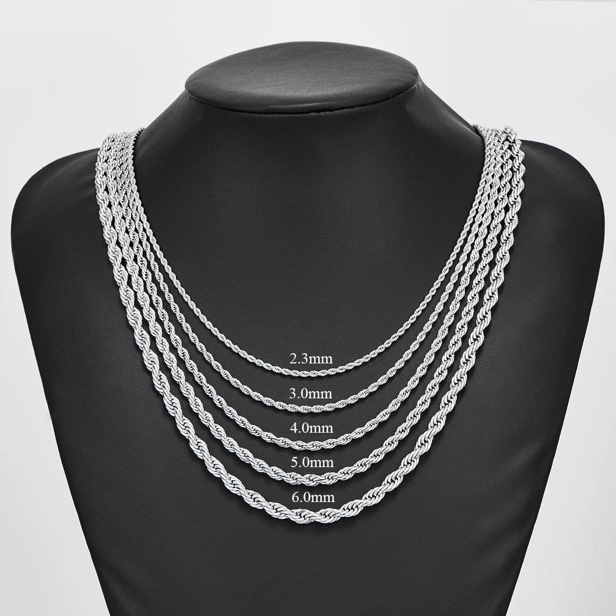 2.3mm/3mm/4mm/5mm/6mm Stainless Steel Twisted Rope Chain Silver Color Necklace for Men Women 16 to 30 Inches