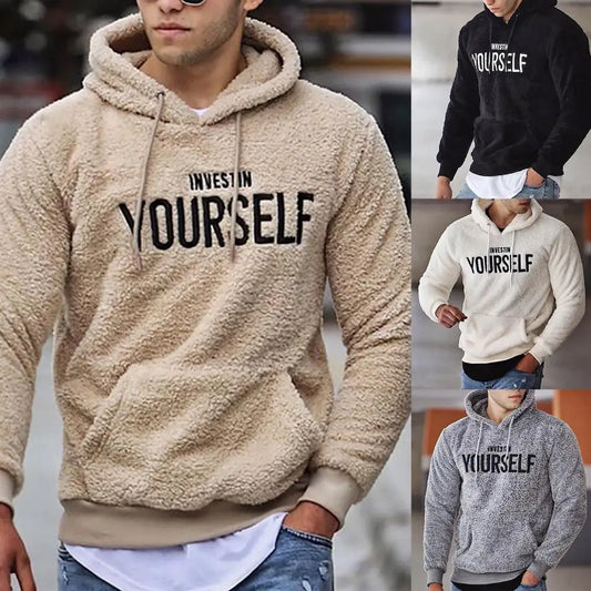 Hoodie Letters Embroidery Warm Pullover Men Long Sleeve Pockets Hooded Sweatshirt Fleece Casual Sweatshirts For Spring/Autumn