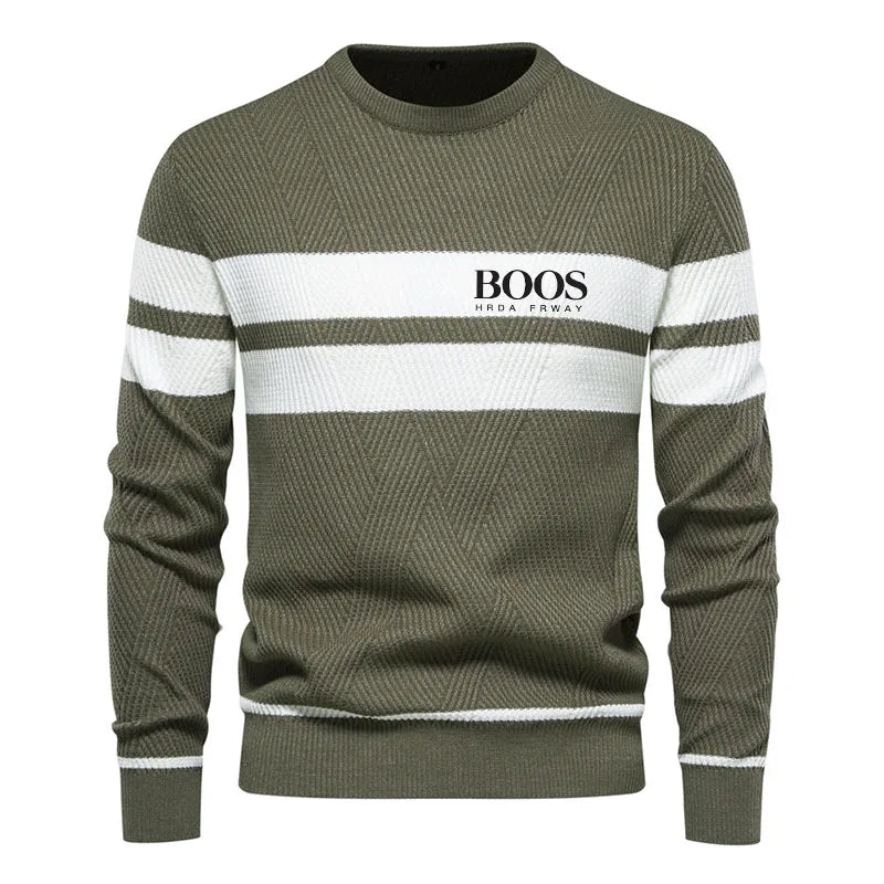 Autumn and Winter Embroidered Mens Boys Winter Stripe Sweater Thick Warm Pullovers Men's O-neck Basic Casual Slim Sweaters