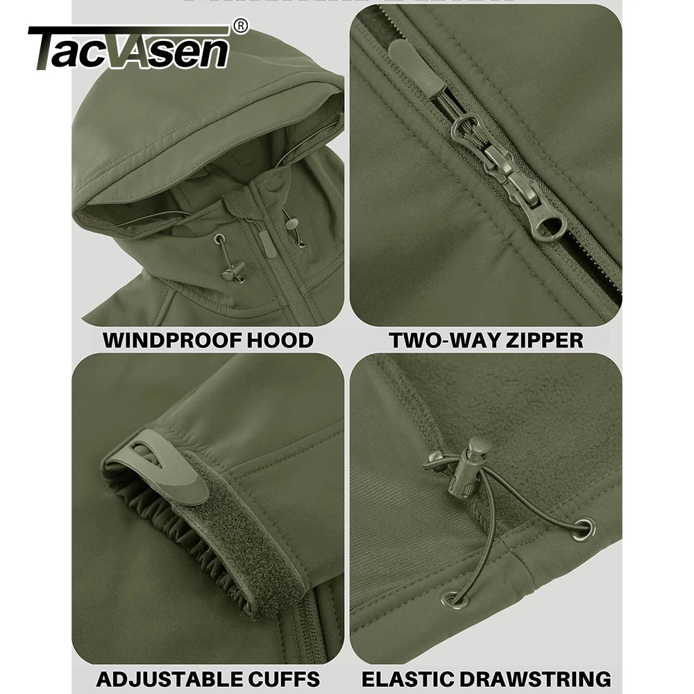 TACVASEN Men's Soft-shell Hooded Hiking Jackets Waterproof Fleece Lined Coat with Zipper Pockets Working Outdoor Windbreaker