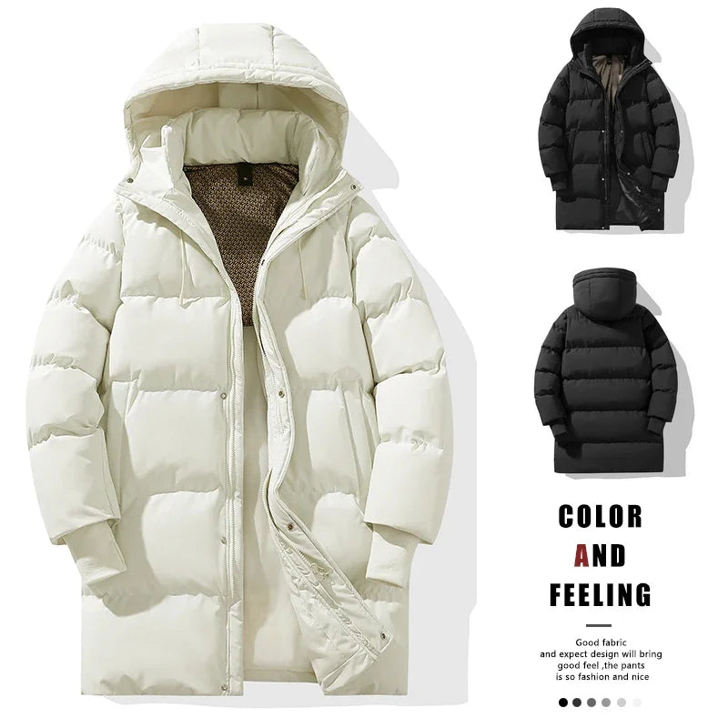 Mens Winter Long Down Jacket Brand Trendy Solid Color Hooded Puffer Jacket Men White Down Parka Women Outdoor Windproof Coat