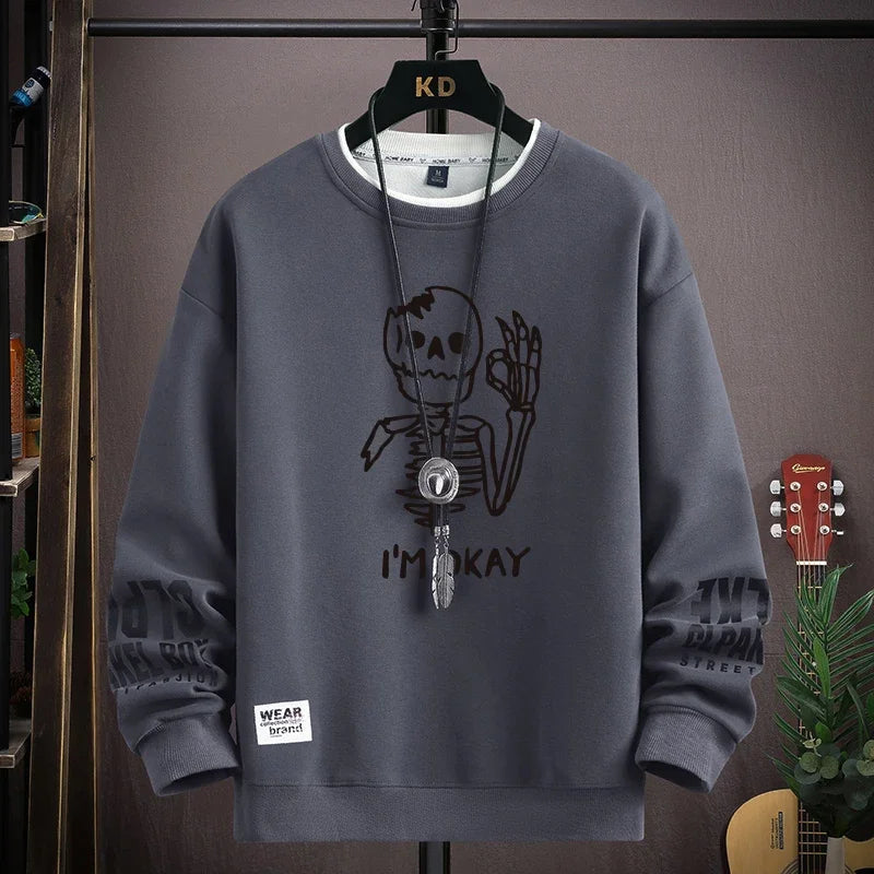 Autumn Men's Sweatshirt Cool Bear Print Long Sleeve T-shirt Fashion Men's Clothing Khaki O Neck Harajuku Exclusive Design Top