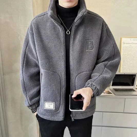 2024 New Korean Men's Lamb Fleece Cotton Jacket with Thick Fleece Coat for Men's Autumn and Winter Casual Clothing Trendy Brand