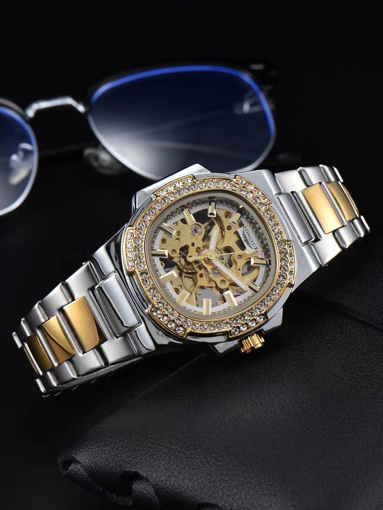 mechanical wristwatches skeleton waterproof diamond mens watch men gift