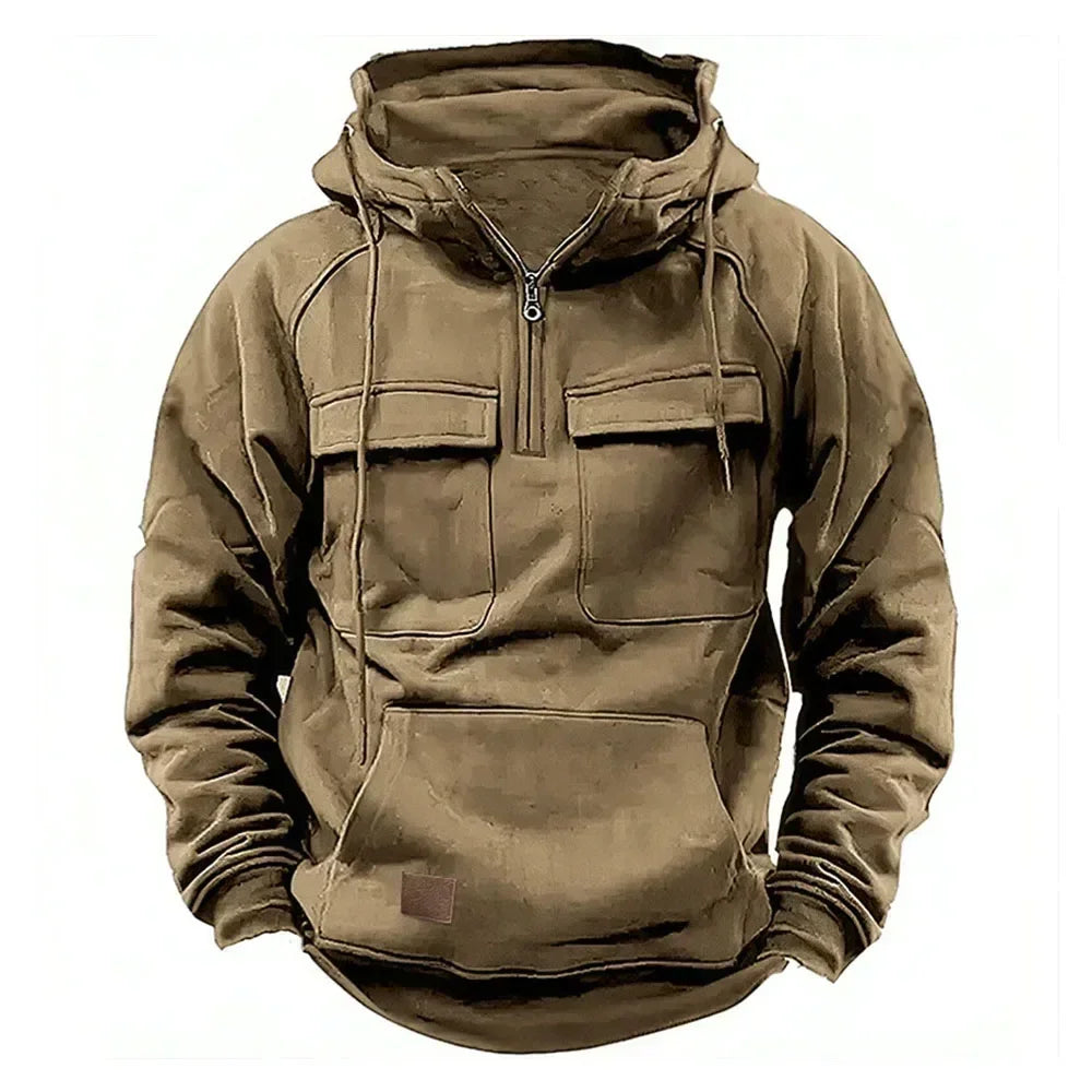 Half Zipper Men's Tactical Hoodies Solid Warm Fleece Military Sweatshirts Multi Pockets Male Hooded Jackets Thick Outdoor Polar