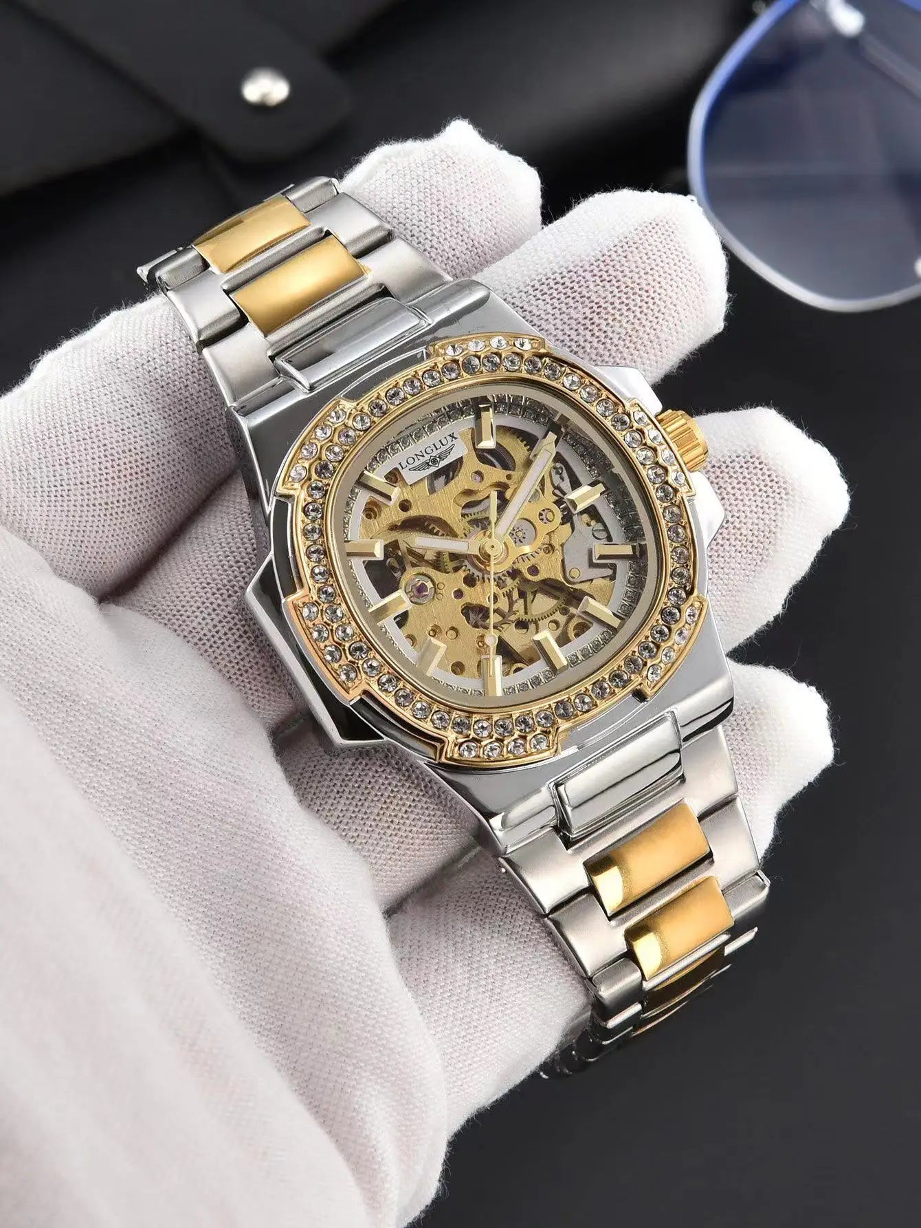 mechanical wristwatches skeleton waterproof diamond mens watch men gift