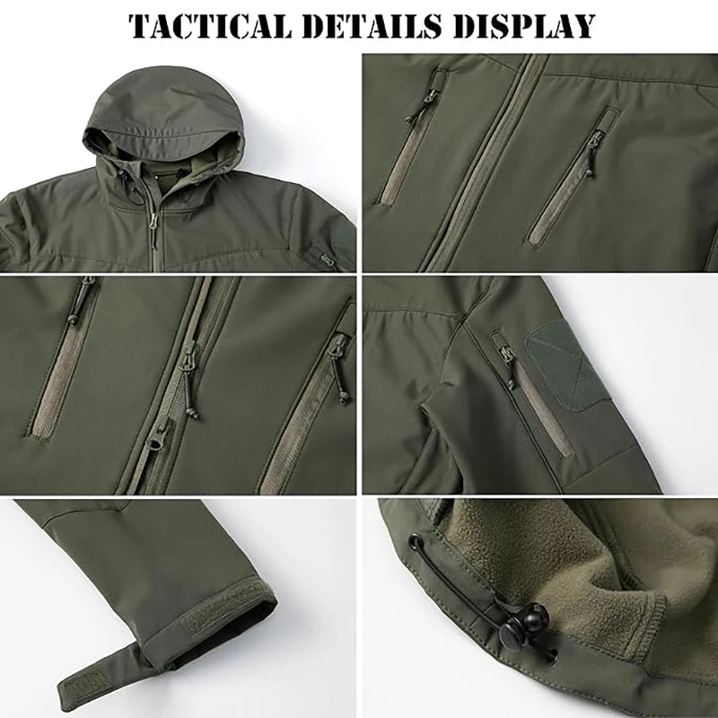 Men's Waterproof Softshell Tactical Jacket Winter Windproof Fleece Hoodie Jacket Outdoor Hiking Skiing Windbreaker Coat