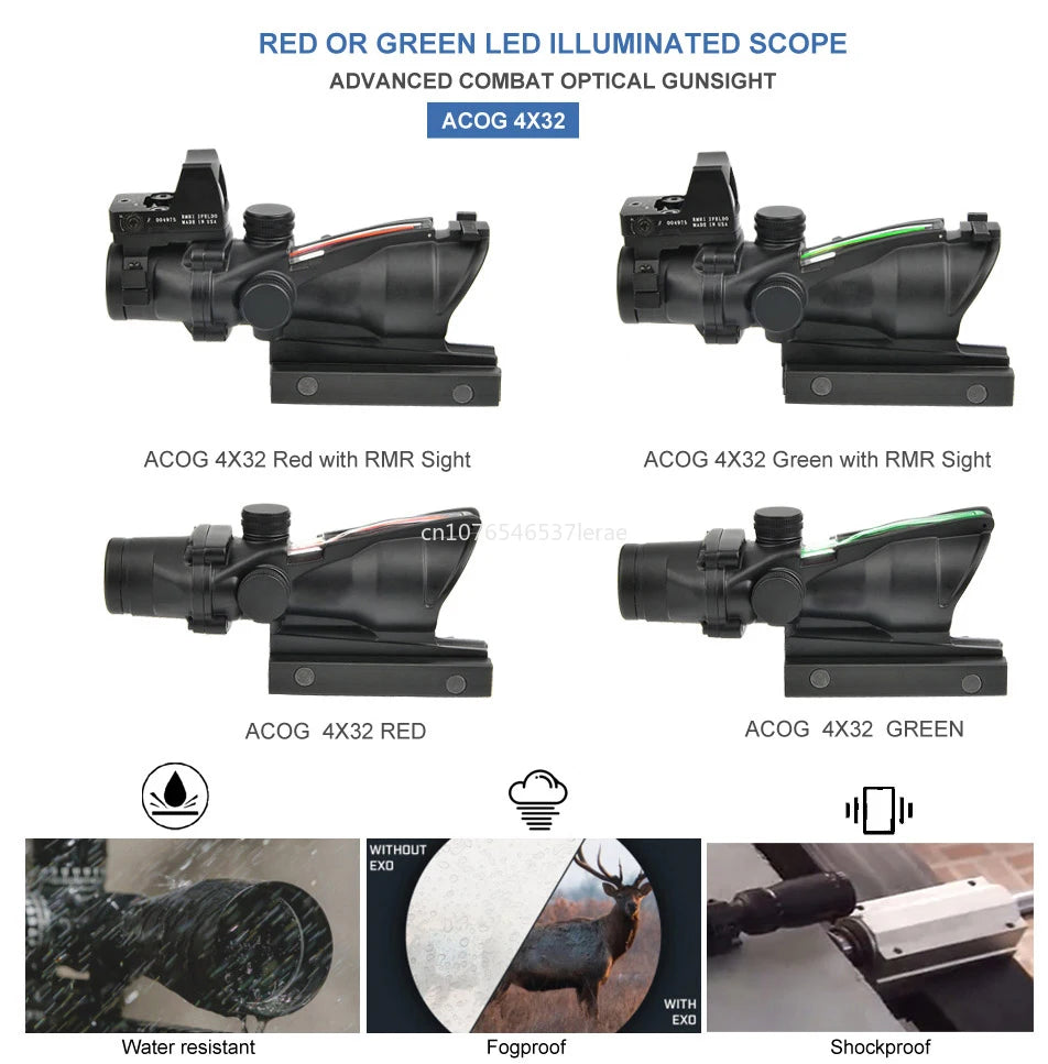 Trijicon ACOG 4X32 With RMR Real Fiber Optics Red Green Dot Illuminated Chevron Glass Etched Reticle Rifle Scope Hunting Sight