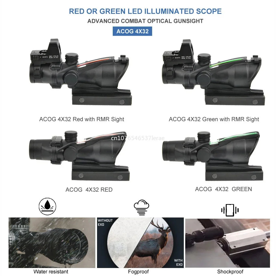 Trijicon ACOG 4X32 With RMR Real Fiber Optics Red Green Dot Illuminated Chevron Glass Etched Reticle Rifle Scope Hunting Sight