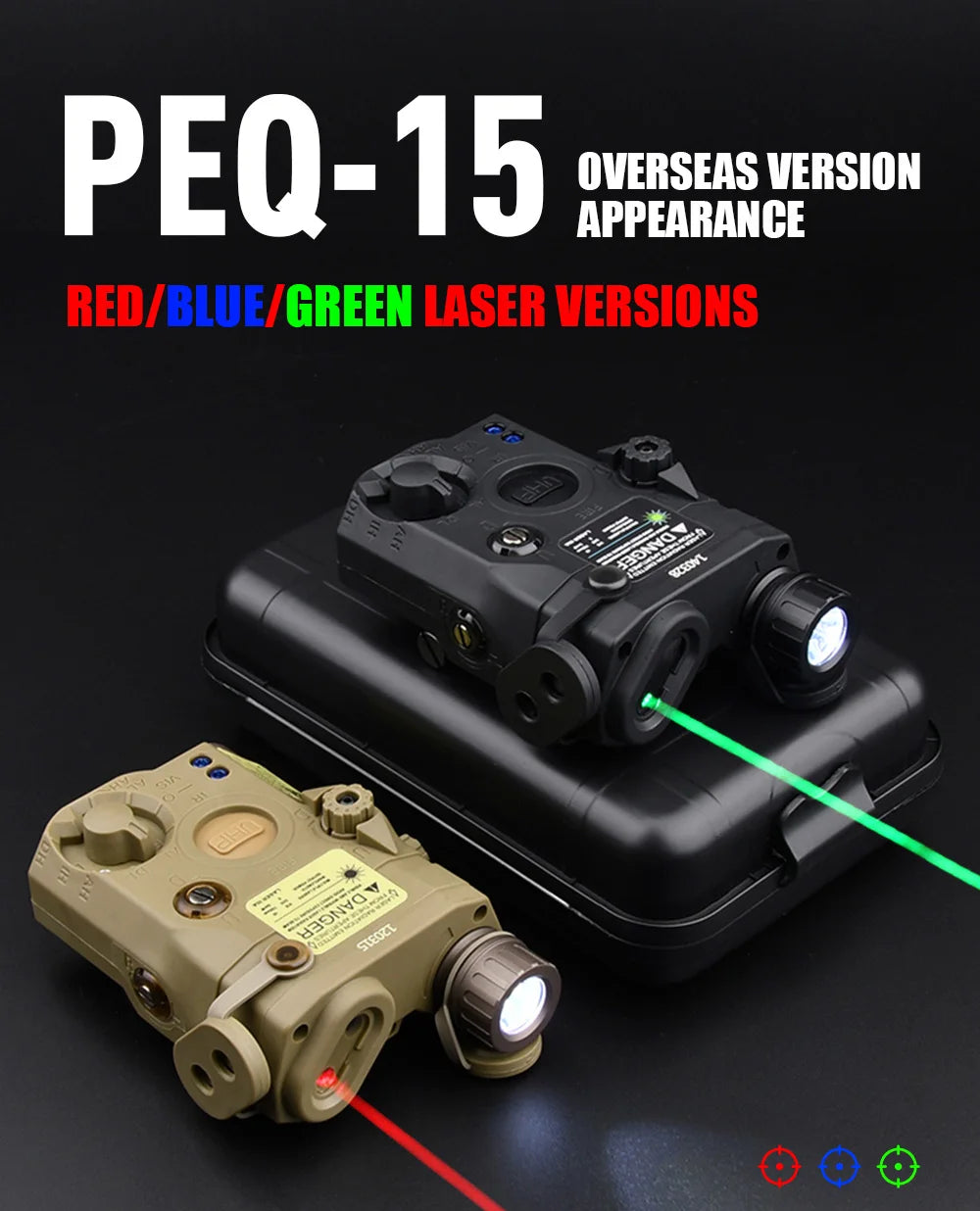 Tactical Airsoft PEQ-15 PEQ15 LA5C Red Dot Green Blue IR Fill Light Laser Indicator Weapon Scout Light LED Strobe Flashlight PEQ