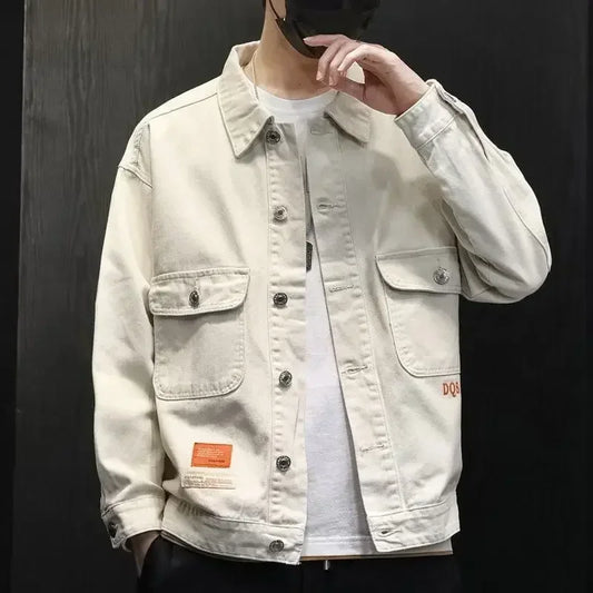 Jeans Coat for Men Cargo with Print Denim Jackets Man Beige of Fabric Winter Outerwear Cheap Price Stylish Oversize Y2k Branded