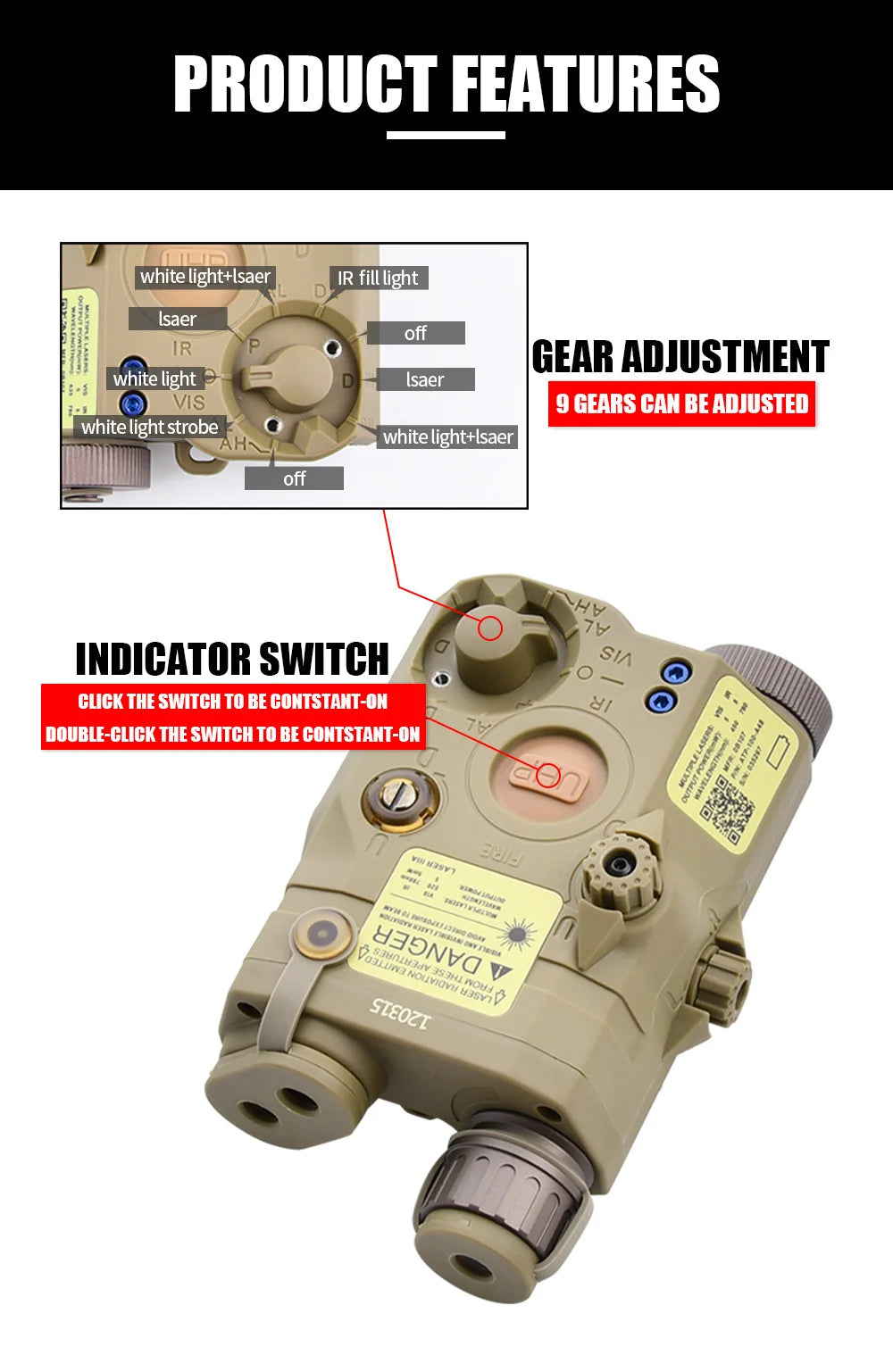 Tactical Airsoft PEQ-15 PEQ15 LA5C Red Dot Green Blue IR Fill Light Laser Indicator Weapon Scout Light LED Strobe Flashlight PEQ