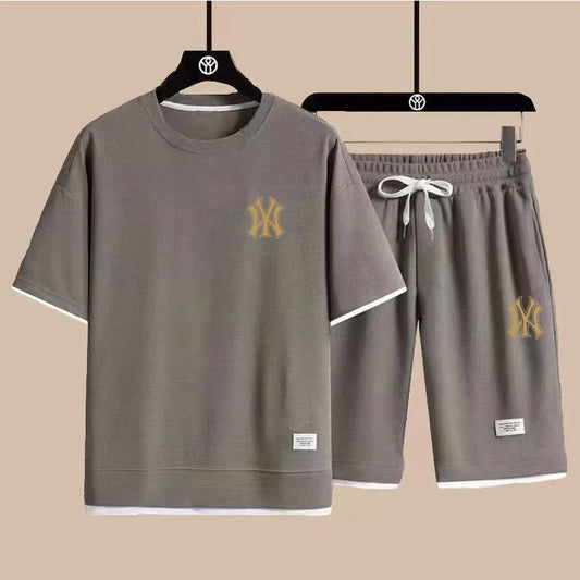 Men's summer sportswear set, waffle fabric set, fashionable T-shirt and shorts sportswear, short sleeved sportswear