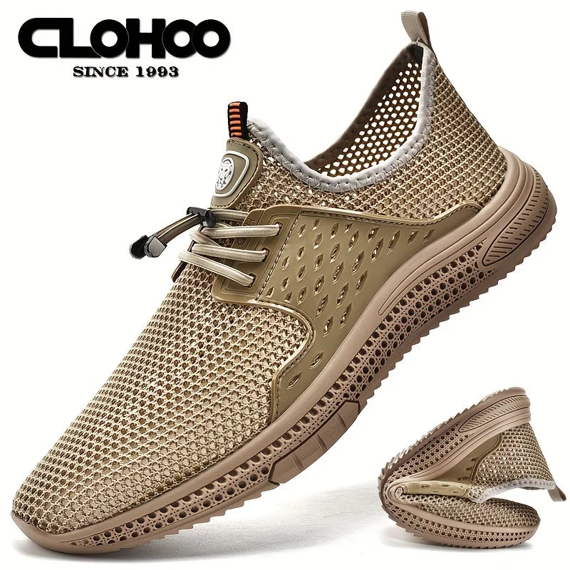 CLOHOO Summer Men's Breathable Mesh Lightweight Comfortable Drawstring Casual Shoes Outdoor Non-slip Soft Sole Sneakers Black