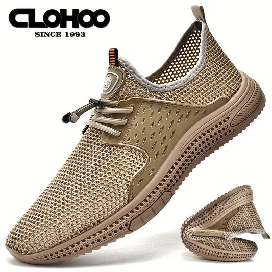 CLOHOO Summer Men's Breathable Mesh Lightweight Comfortable Drawstring Casual Shoes Outdoor Non-slip Soft Sole Sneakers Black