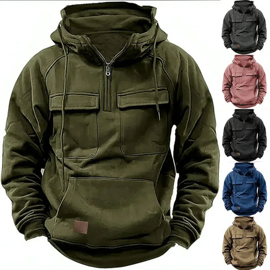 Half Zipper Men's Tactical Hoodies Solid Warm Fleece Military Sweatshirts Multi Pockets Male Hooded Jackets Thick Outdoor Polar