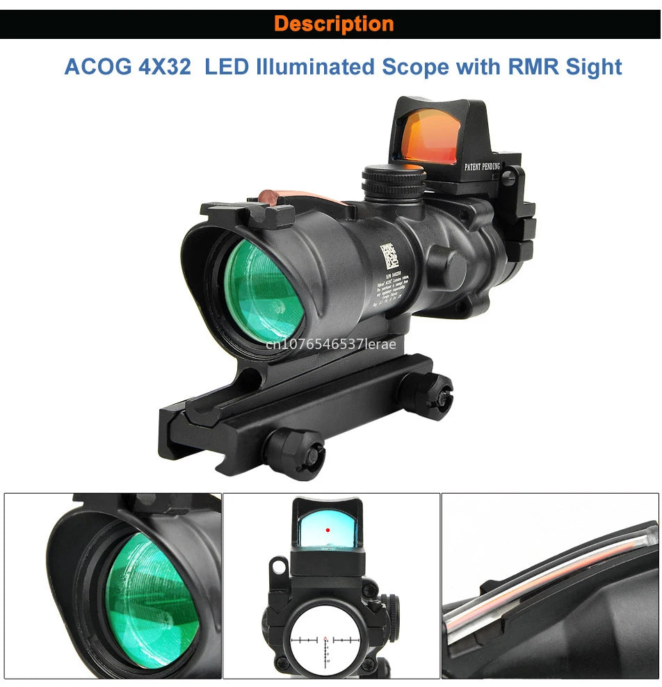 Trijicon ACOG 4X32 With RMR Real Fiber Optics Red Green Dot Illuminated Chevron Glass Etched Reticle Rifle Scope Hunting Sight