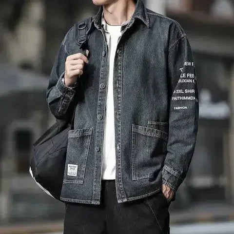 Jeans Coat for Men Cargo with Print Denim Jackets Man Beige of Fabric Winter Outerwear Cheap Price Stylish Oversize Y2k Branded