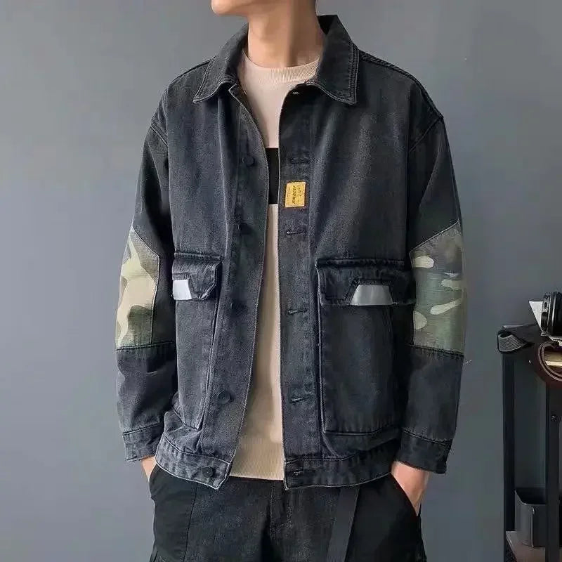 Jeans Coat for Men Cargo with Print Denim Jackets Man Beige of Fabric Winter Outerwear Cheap Price Stylish Oversize Y2k Branded