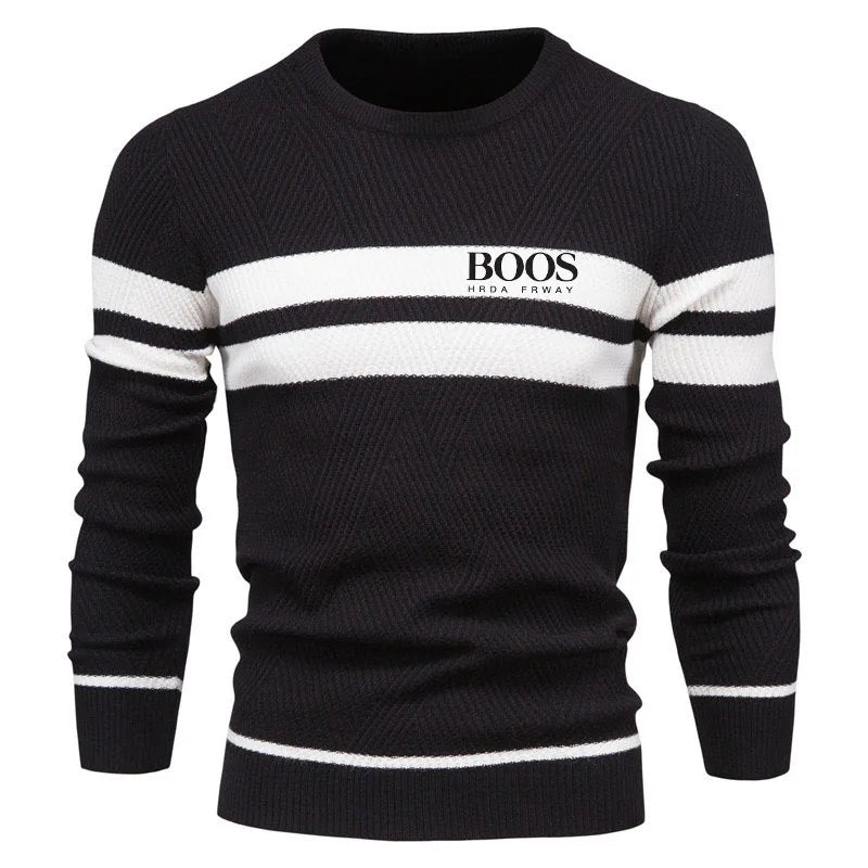 Autumn and Winter Embroidered Mens Boys Winter Stripe Sweater Thick Warm Pullovers Men's O-neck Basic Casual Slim Sweaters